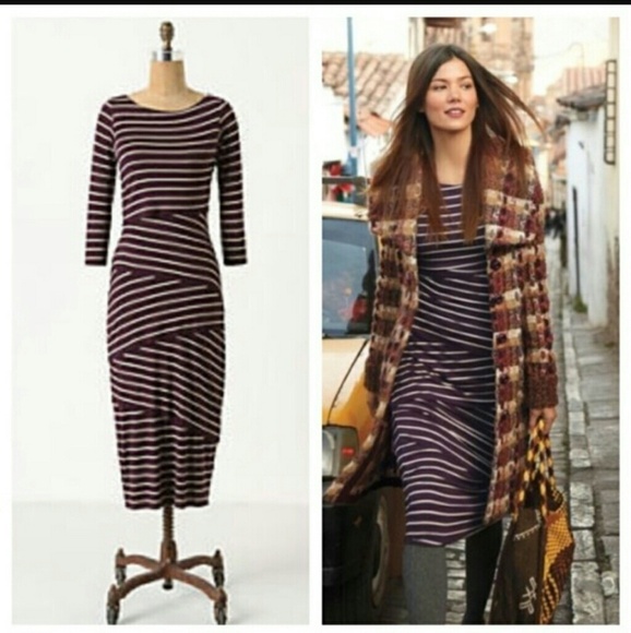 Anthropology Butter Soft Bodycone Tiered Striped Midi Office Career fall Dress L - Picture 2 of 8